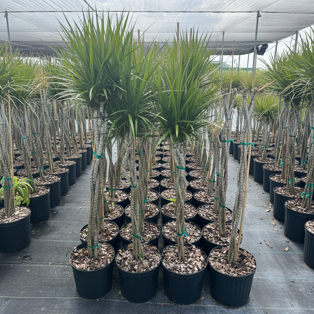 Braided Dracaena Dragon Tree with burgundy edges on green leaves, nursery pot 5gal Row of potted plants