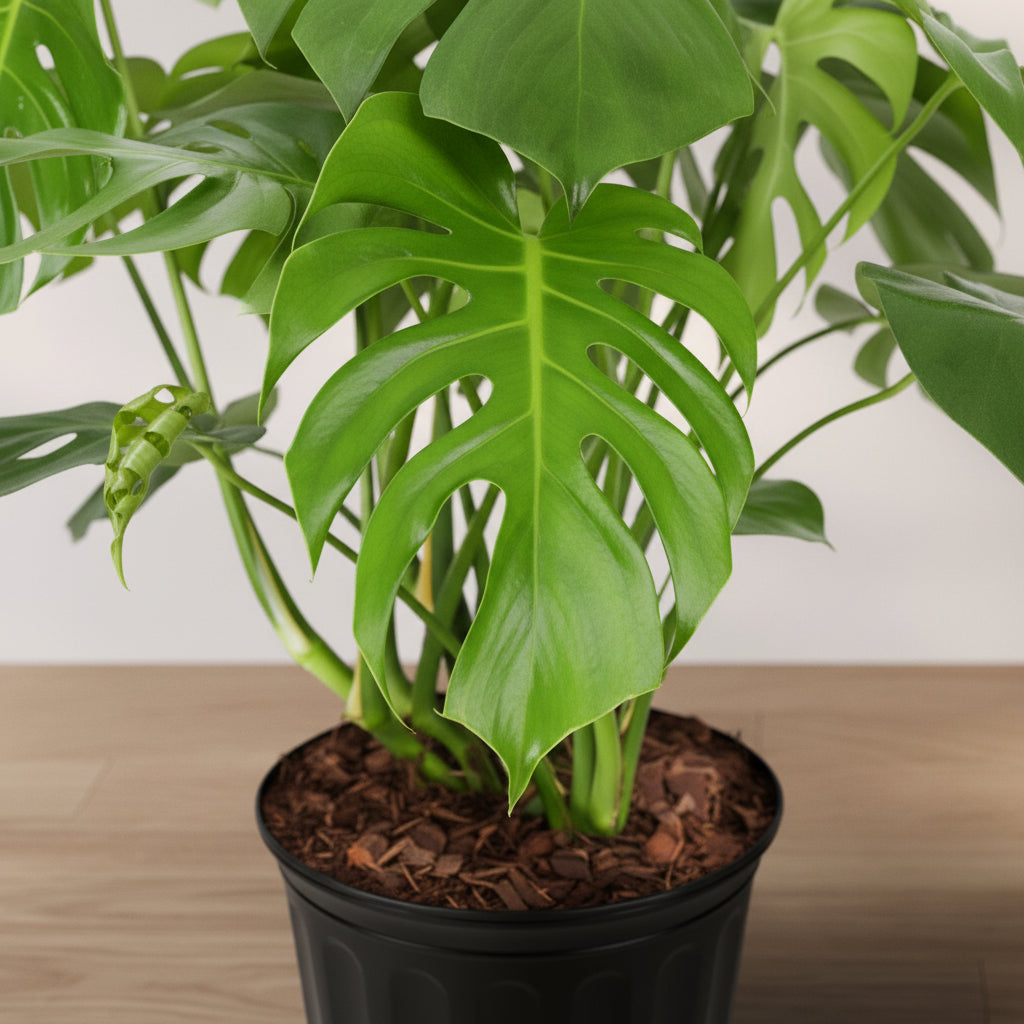 Monstera Deliciosa, Swiss Cheese in grower pot with characteristic split green leaves and upright tropical foliage