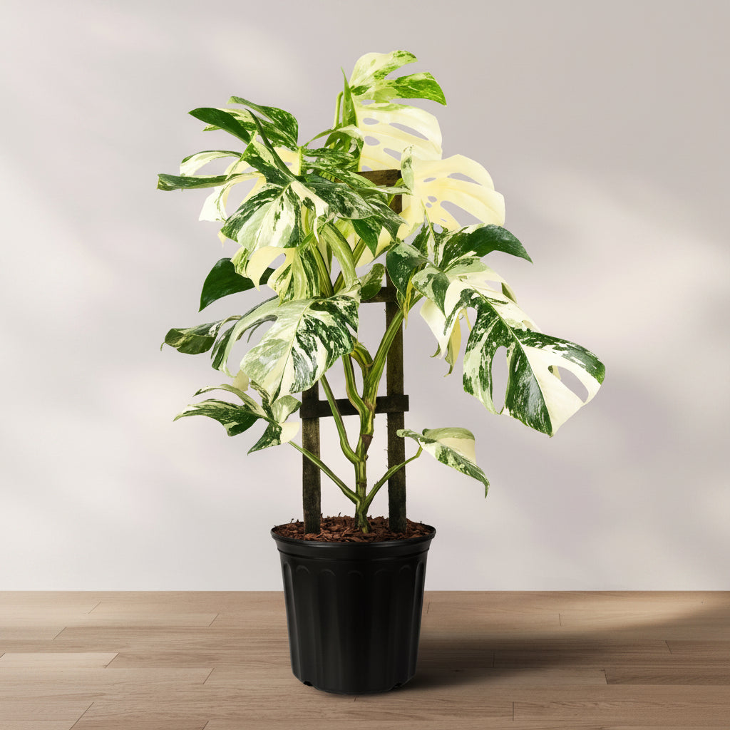 A potted Monstera Borsigiana Albo Variegated plant with large, heart-shaped leaves featuring white or cream-colored variegation on a wooden floor against a plain background.