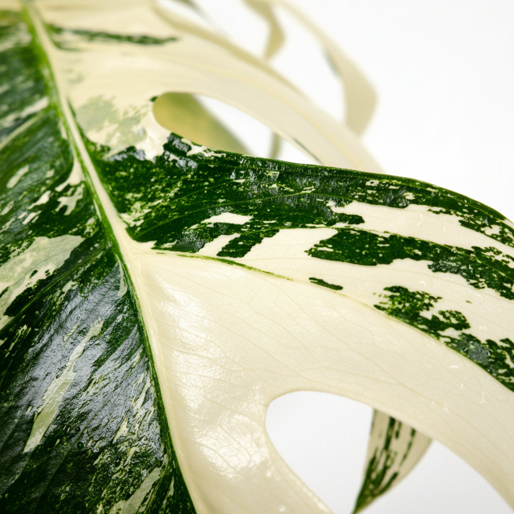 Close-up of a monstera thai variegated plant with its characteristic spiral leaves and variegation.