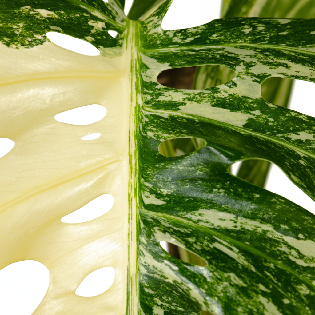 Close-up of a monstera thai variegated plant with its characteristic spiral leaves and variegation.