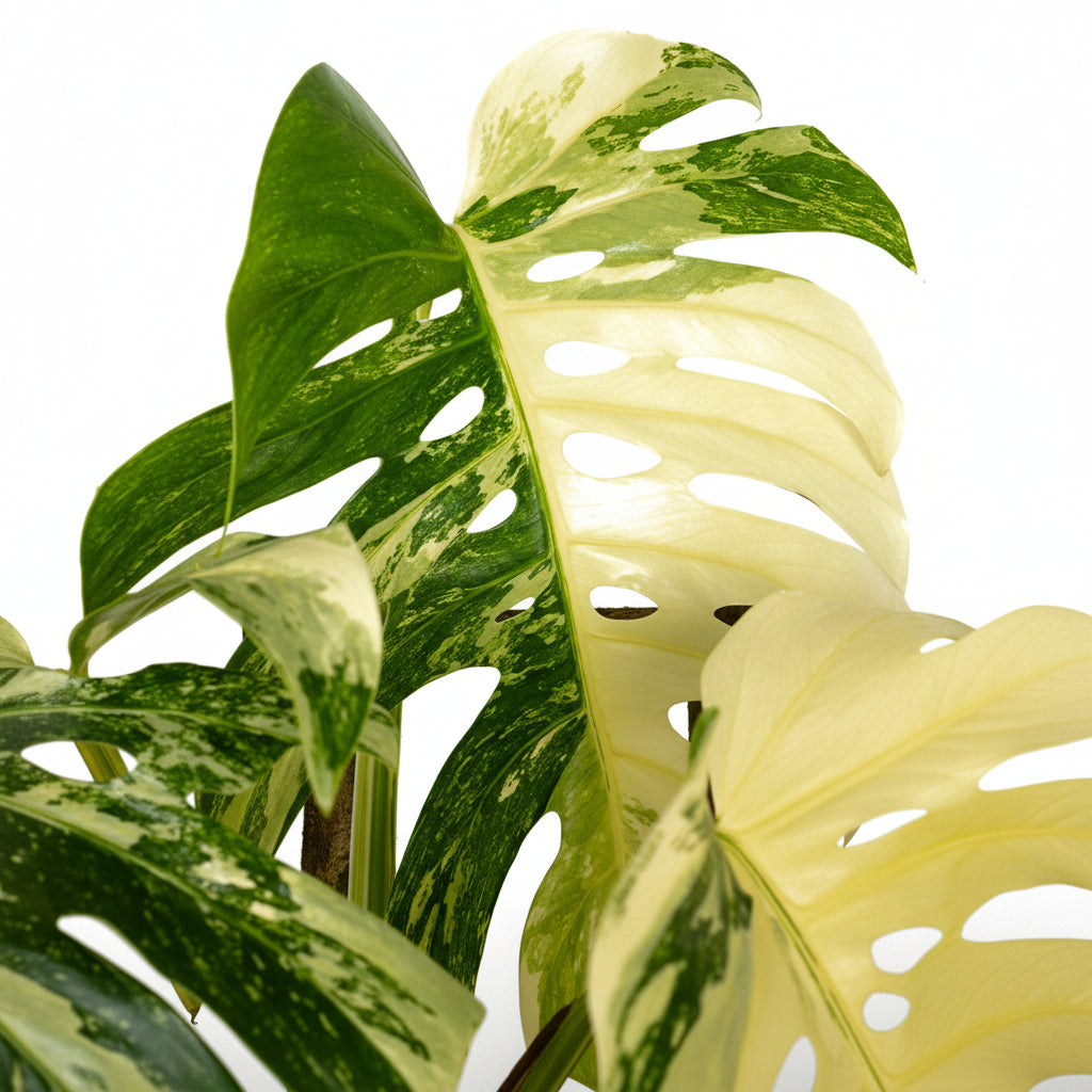 Close-up of a monstera thai variegated plant with its characteristic spiral leaves and variegation.