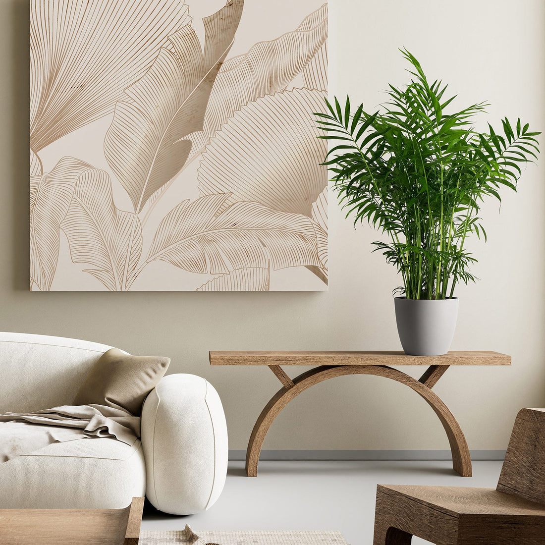 Palm Parlor Neanthe Bella Palm in a white decorative pot with delicate, arching light green fronds, ideal for adding a touch of grace and elegance to modern living rooms or indoor spaces.