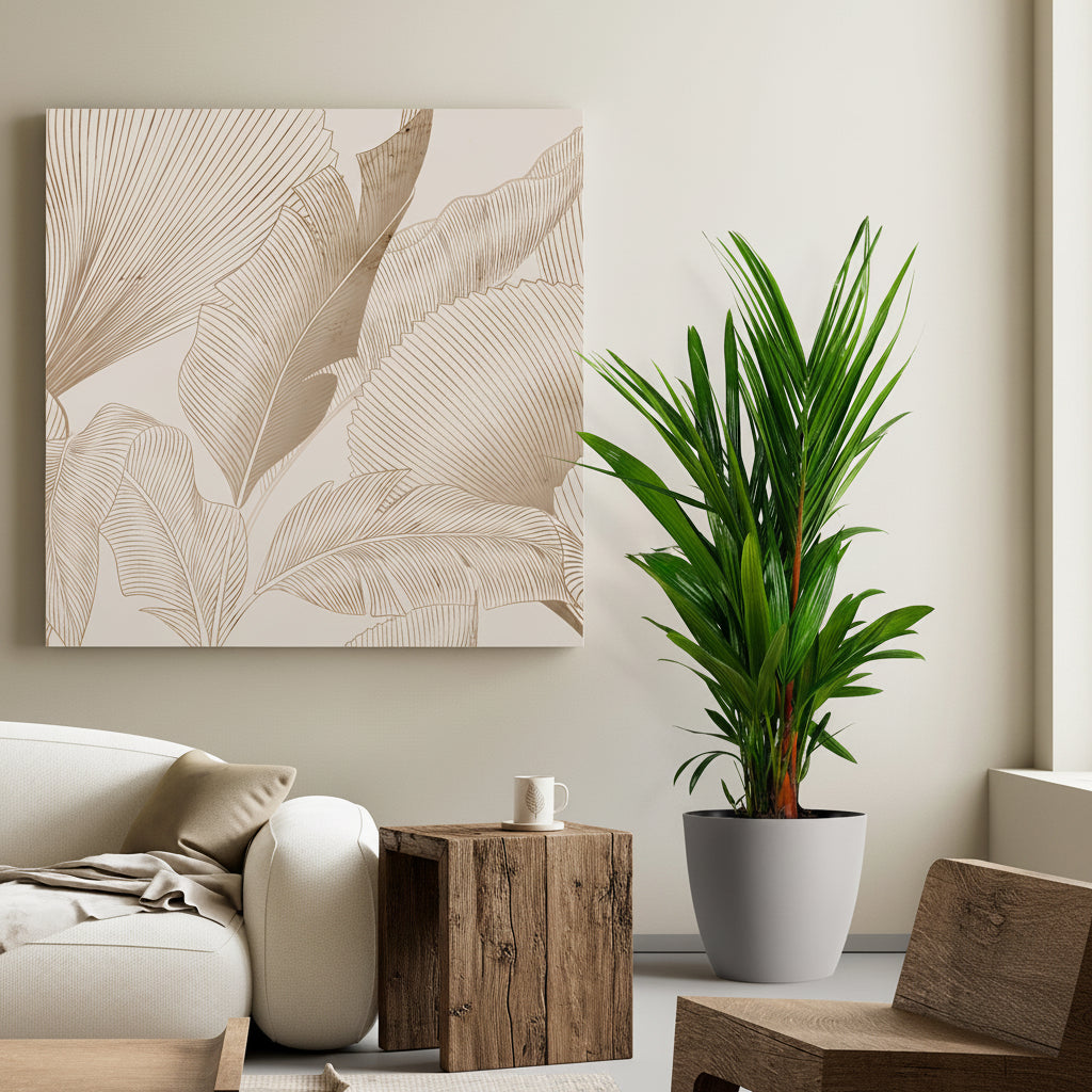 Lipstick Palm Red Sealing Wax Palm, Cyrtostachys Renda in a light grey decorative pot with its signature red crown shafts and lush green upright fronds, ideal for bringing a lush tropical feel to sunlit living rooms or modern interior spaces.