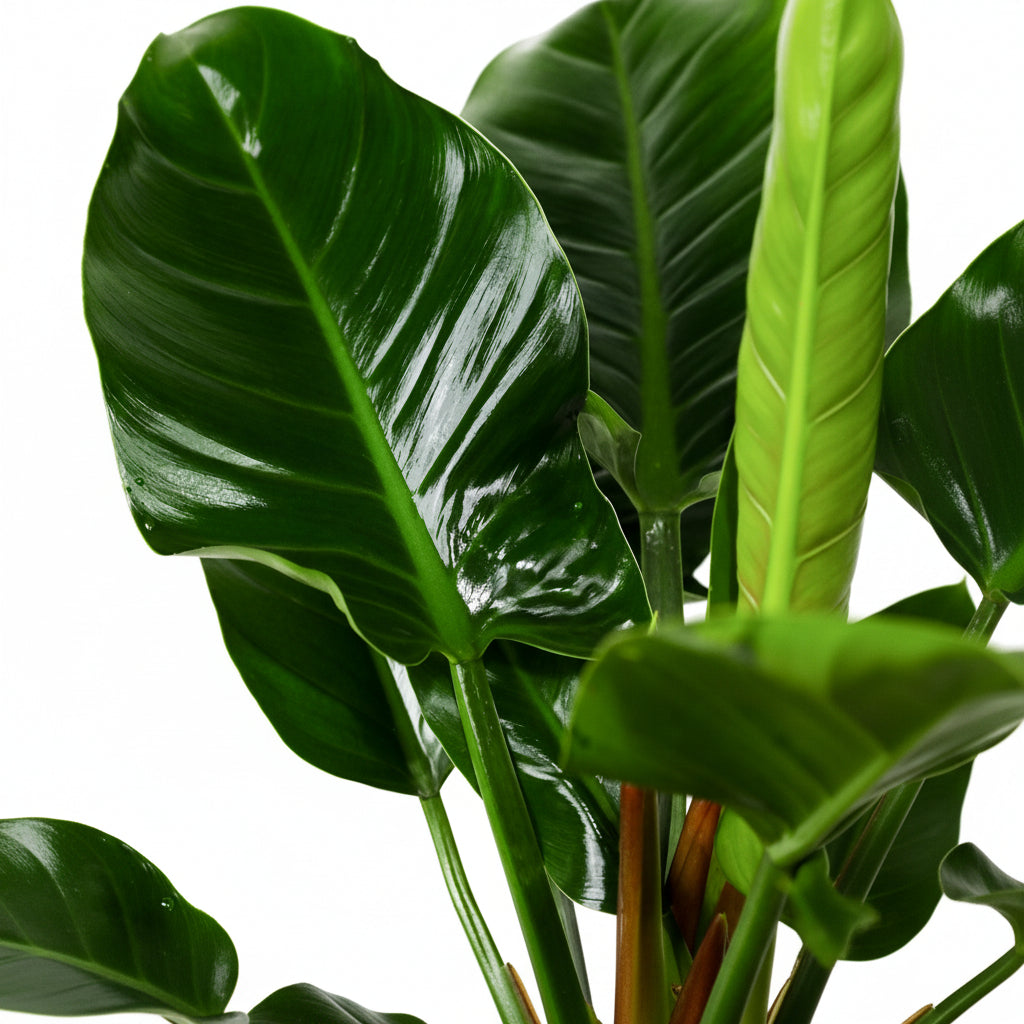 Close-up of green plant leaves with a white background philodendron green congo plant