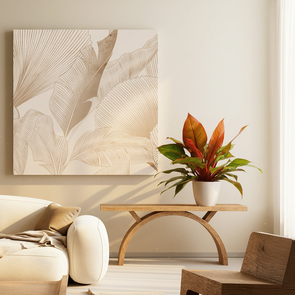 Philodendron McColley Finale in a white pot with striking reddish-orange and glossy green leaves displayed on a wooden table