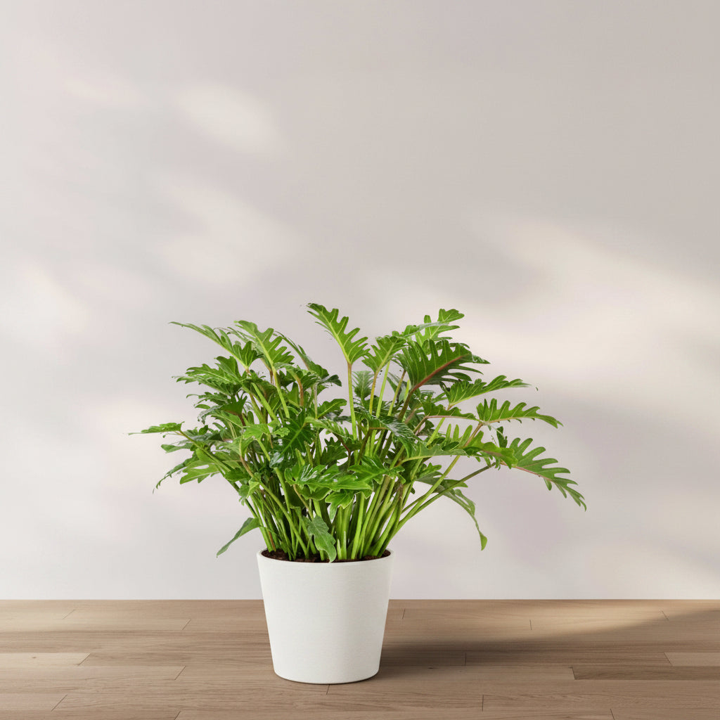 Philodendron Xanadu Winterbourn in a 2 gallon grower pot with lush, deeply lobed green leaves displayed on a wooden floor