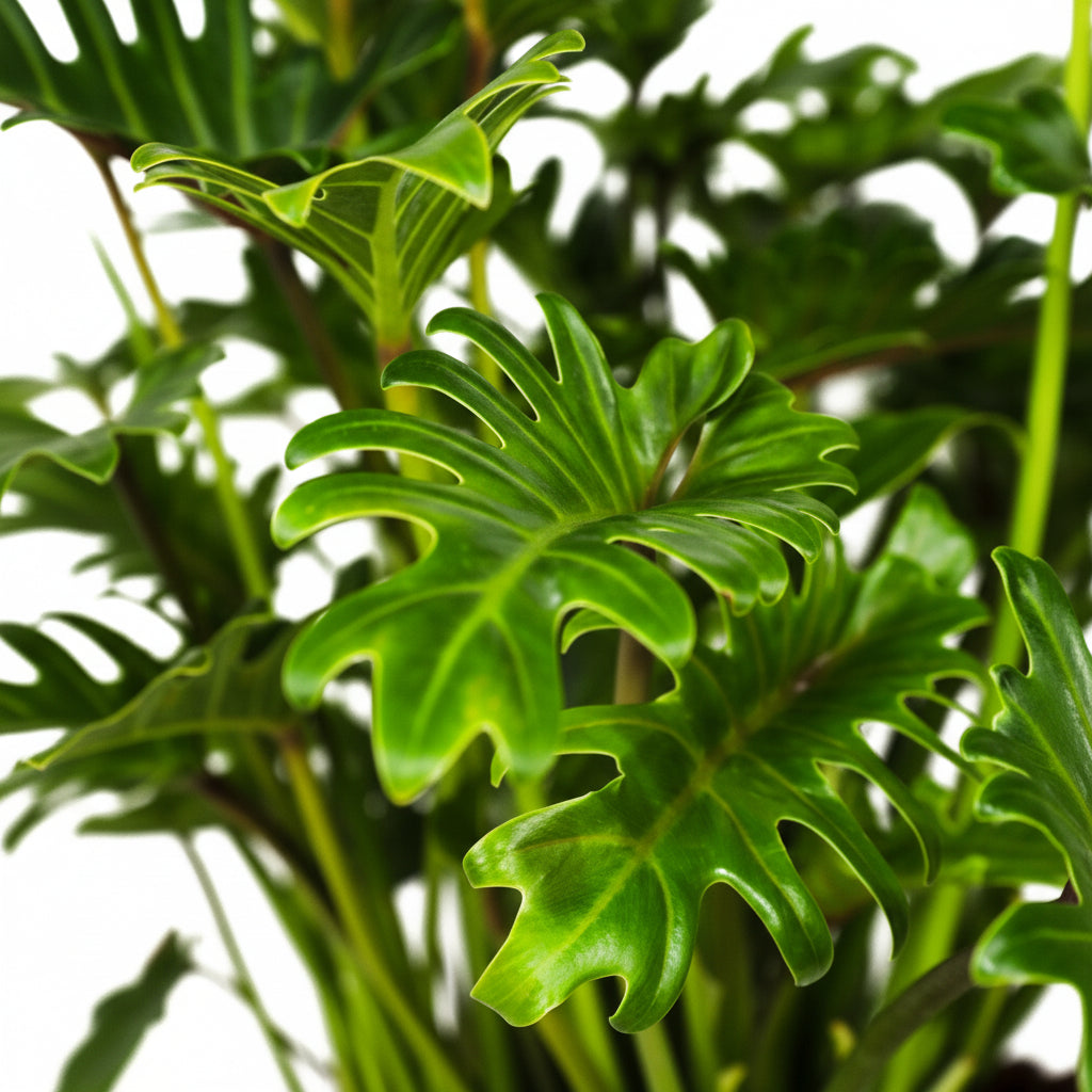Close up of Philodendron Xanadu Winterbourn leaves with lush, deeply lobed green foliage and glossy texture