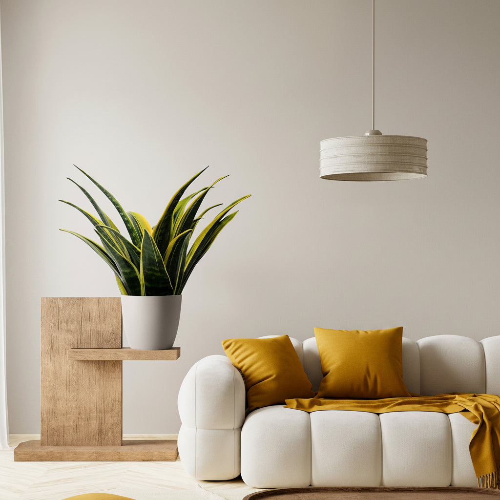 A potted Sansevieria Golden Flame, also known as Snake Plant, with variegated leaves in yellow and green stripes, placed on a living room