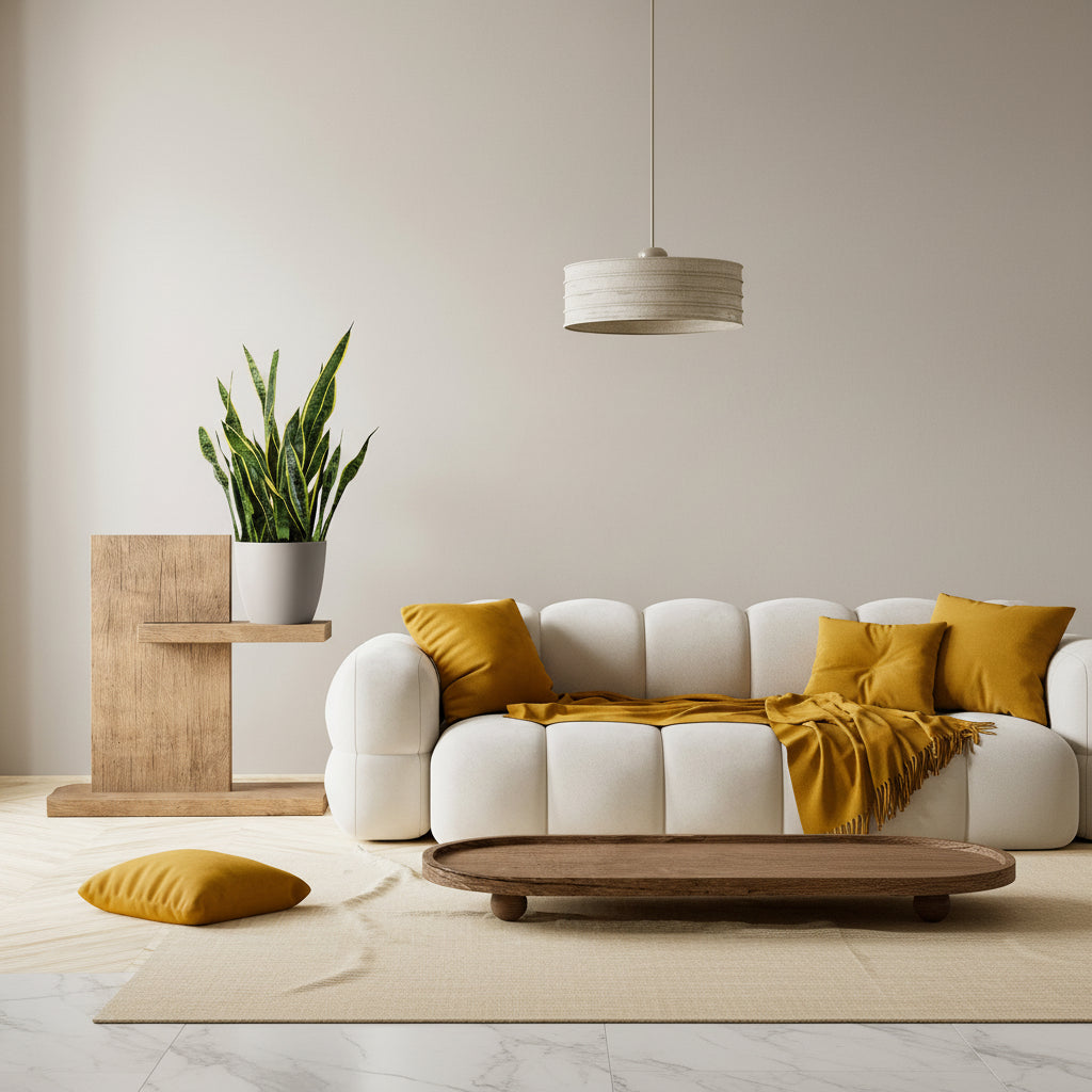 Indoor setting with a white sofa, wooden side table, yellow cushion, potted Sansevieria Laurentii plant, and a hanging lamp.