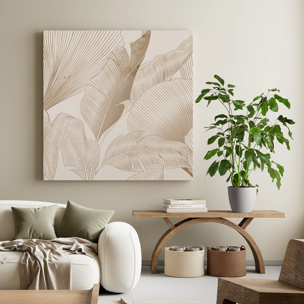 umbrella plant Living room with leaf-patterned wall art and potted plant