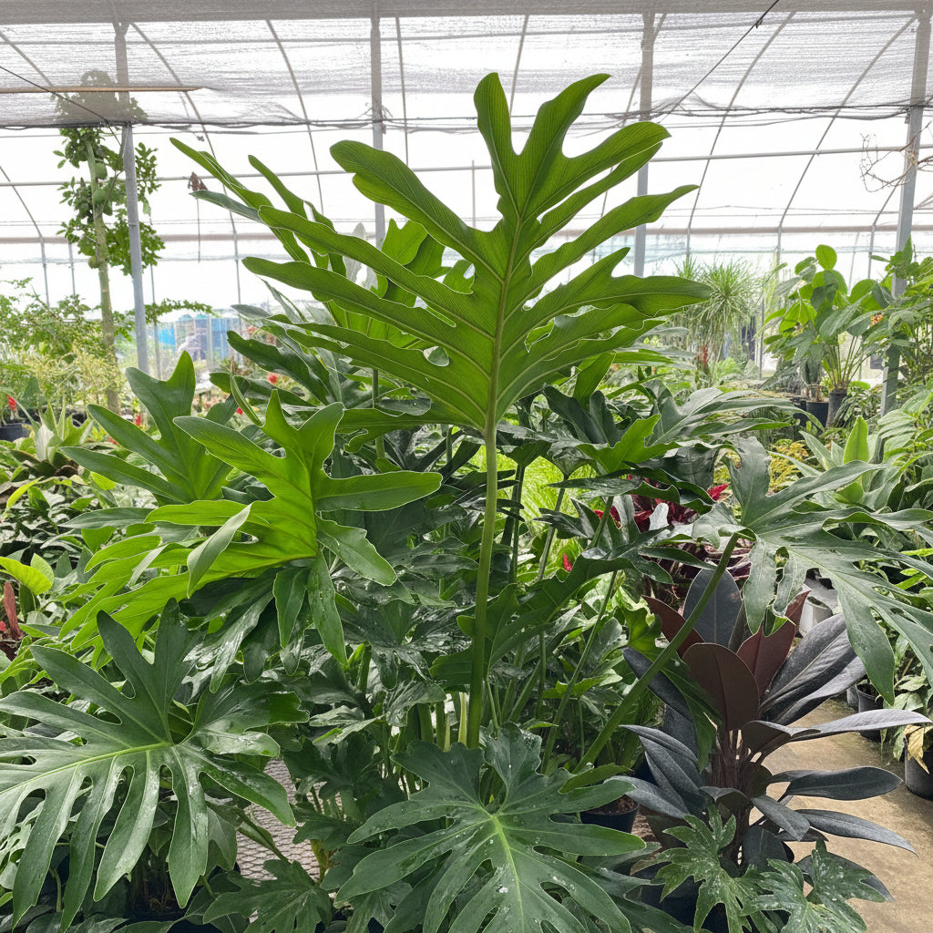 Close up of Philodendron Split Leaf Selloum leaves with large, deeply split green foliage