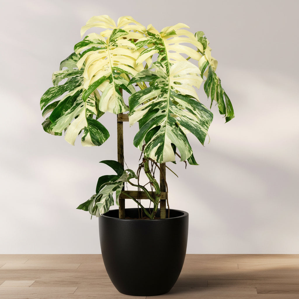 A potted Monstera Thai Constellation plant featuring large, striking heart-shaped leaves with cream and white variegation, supported by a wooden trellis