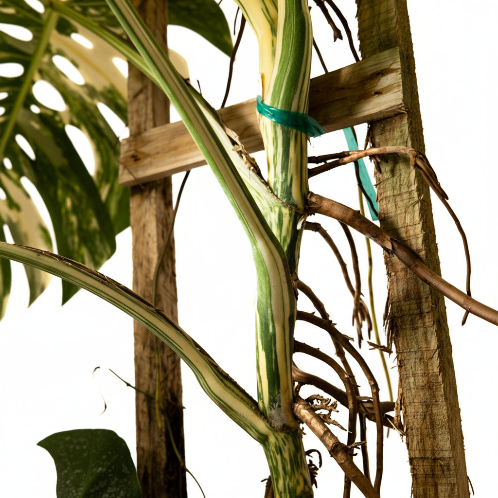Monstera Thai Variegated up close in a trellis