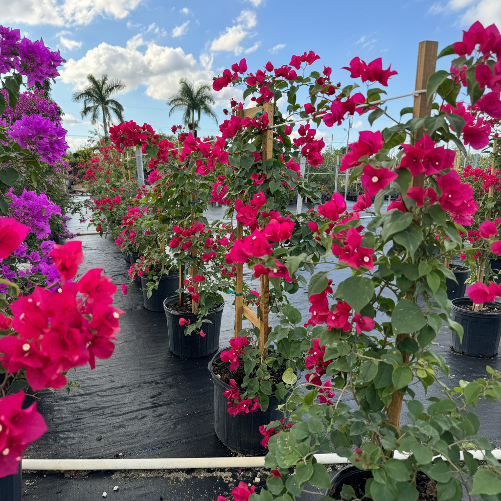 Bougainvillea Red Flower Bush Form, Barbara Karst Flowering Tree in 5 gallon nursery pot with bright red blooms trained on wooden stakes in an outdoor nursery row, ideal for tropical garden landscapes and vibrant property borders.