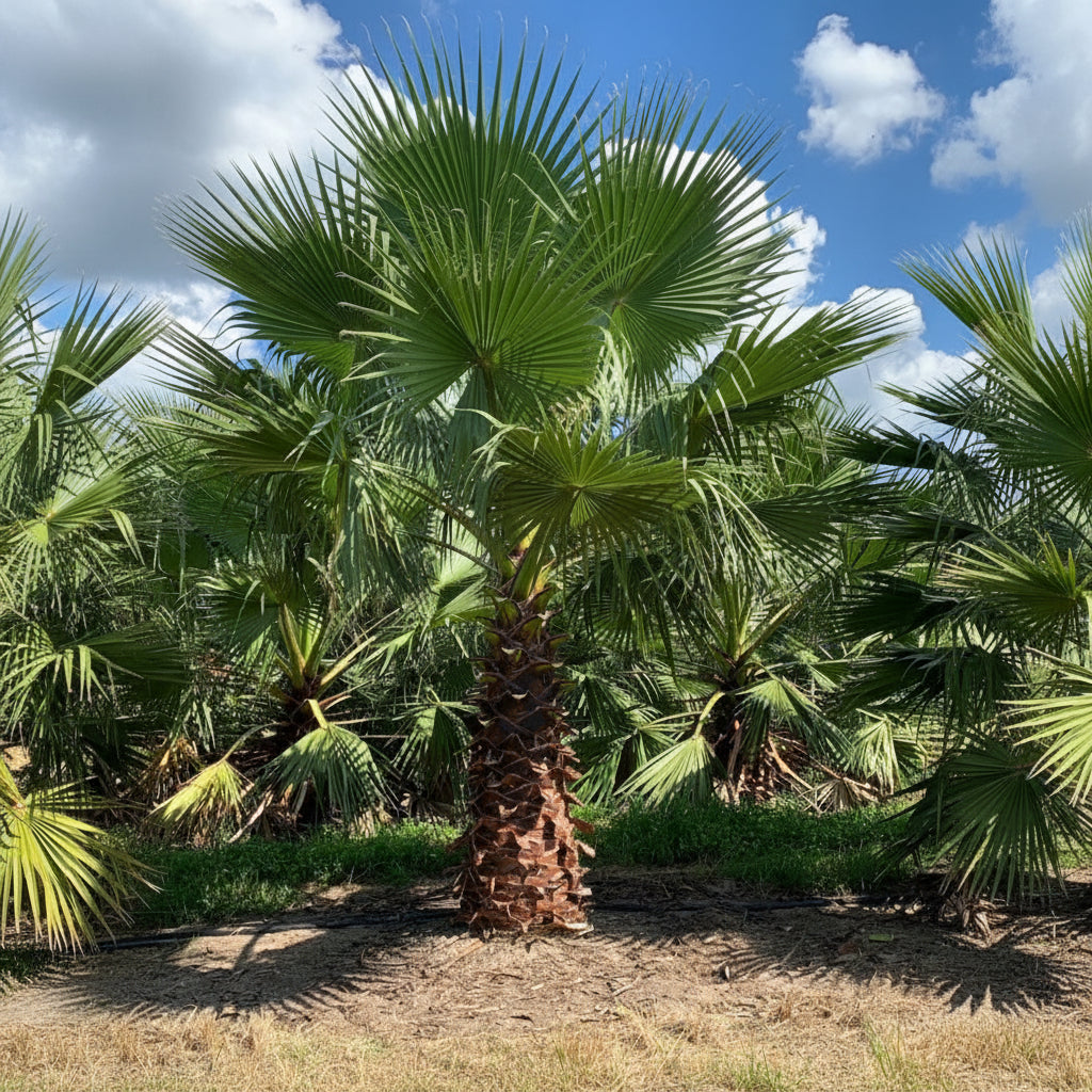 A mature Washington Palm (Mexican Fan Palm) featuring a thick, textured trunk and a lush canopy of bright green fan-shaped fronds, growing outdoors