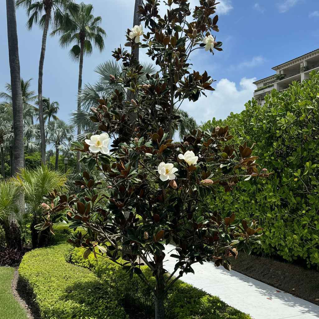 Mature Magnolia Little Gem Flowering Tree with dense evergreen canopy and fragrant white flowers, showing full grown landscape appearance ideal for luxury garden designs.