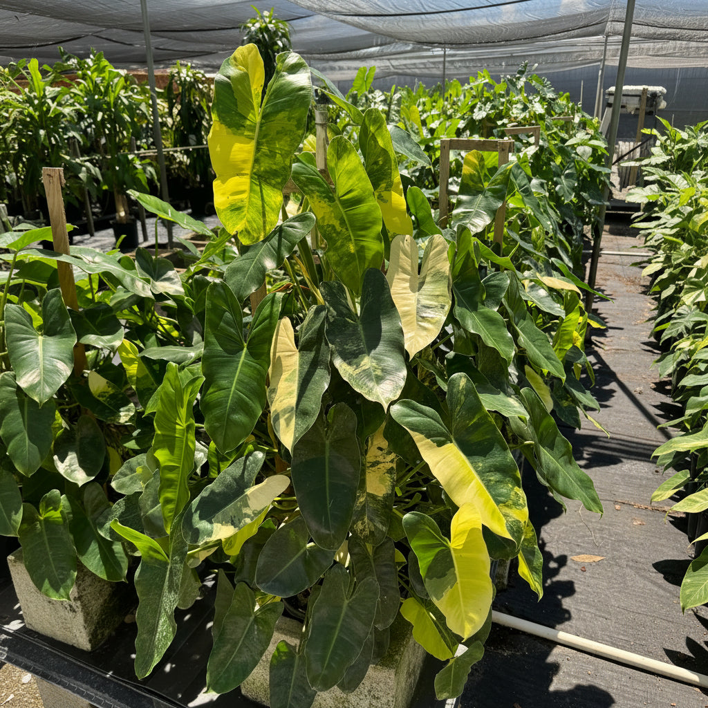 Philodendron Burle Marx Variegated plant showcasing long, glossy leaves with vibrant green and yellow marbling