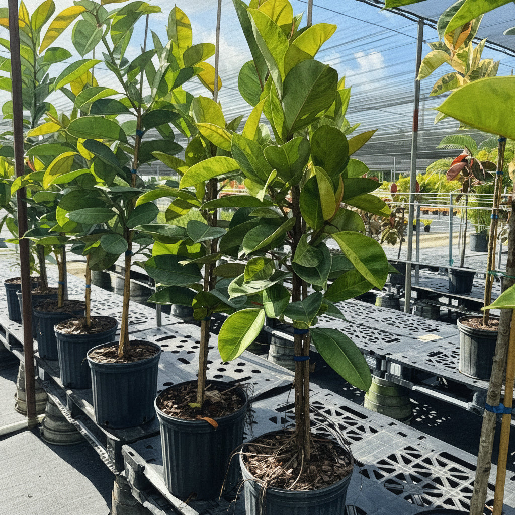 Ficus Shivereana Tree Form Single Stem, Moonshine Ficus in black nursery pots, prominently featuring clear single trunks and canopies of light green, variegated foliage, arranged in a neat row on a low metal rack within a bright, shaded outdoor nursery setting, showcasing their healthy early growth and careful cultivation.