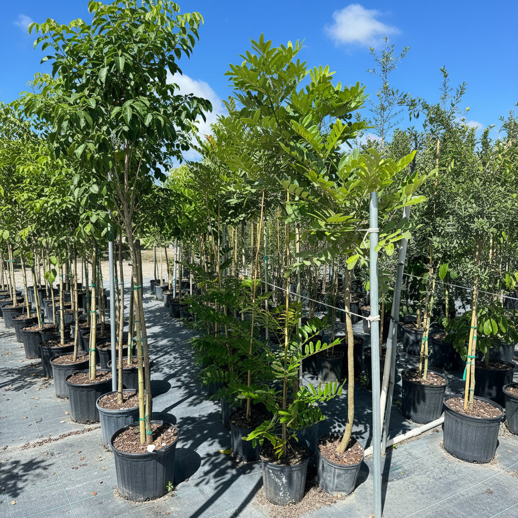 Paradise tree potted plants under a clear blue sky