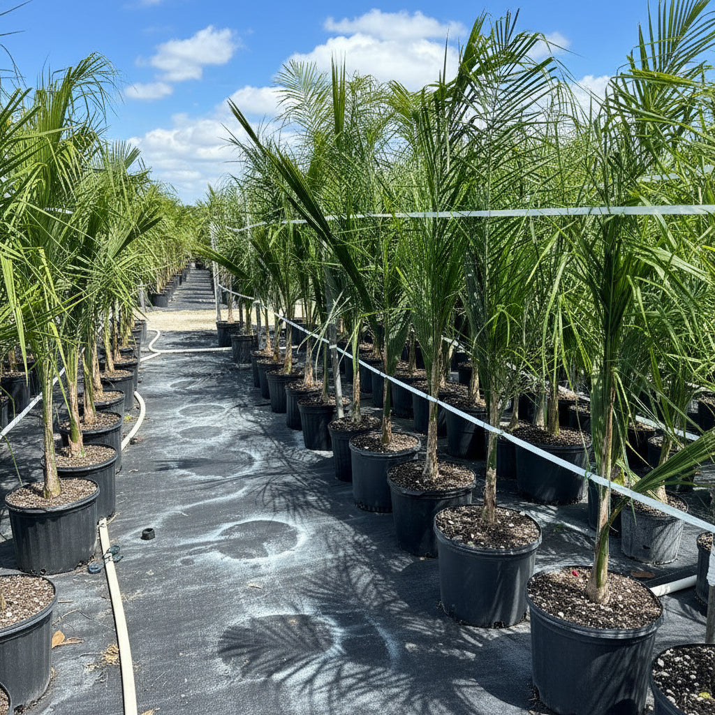 Palm trees in rows at nursery ground