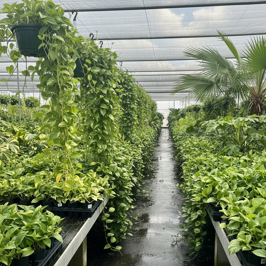 A massive, mature Golden Pothos vigorously on vertical supports in a shade house, featuring huge, lush green heart-shaped leaves