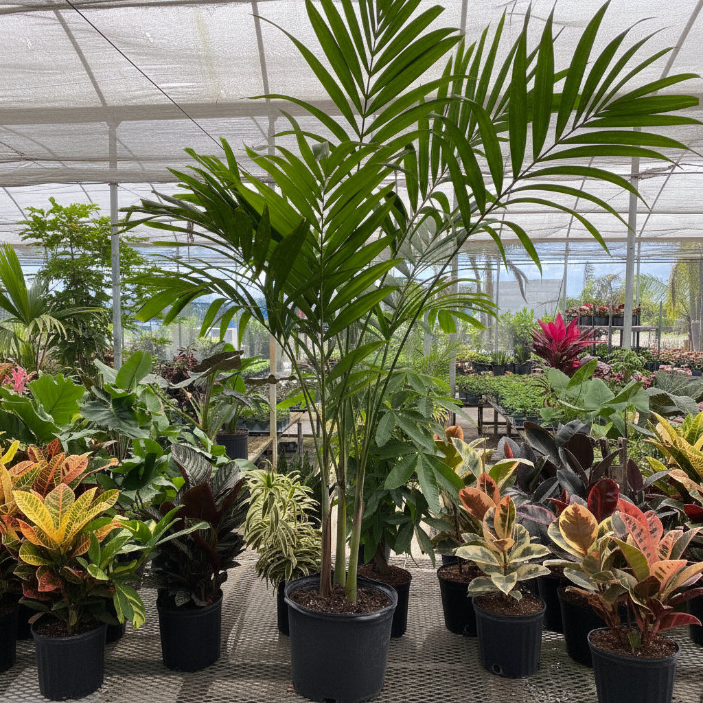 Veitchia merrillii Christmas Palm in a black pot.
