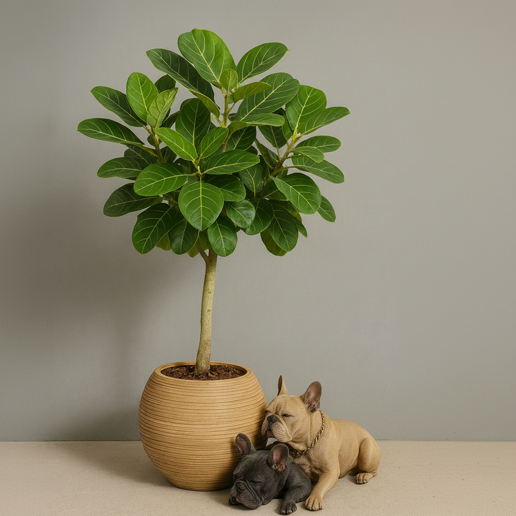 Ficus Banyan Tree Form Single Stem, Ficus Benghalensisis, prominently featuring a clear single trunk and a lush canopy of broad green leaves, planted in a large, textured beige spherical planter against a minimal warm grey backdrop, playfully accompanied by two French Bulldogs resting at its base, showcasing its appealing form and scale.