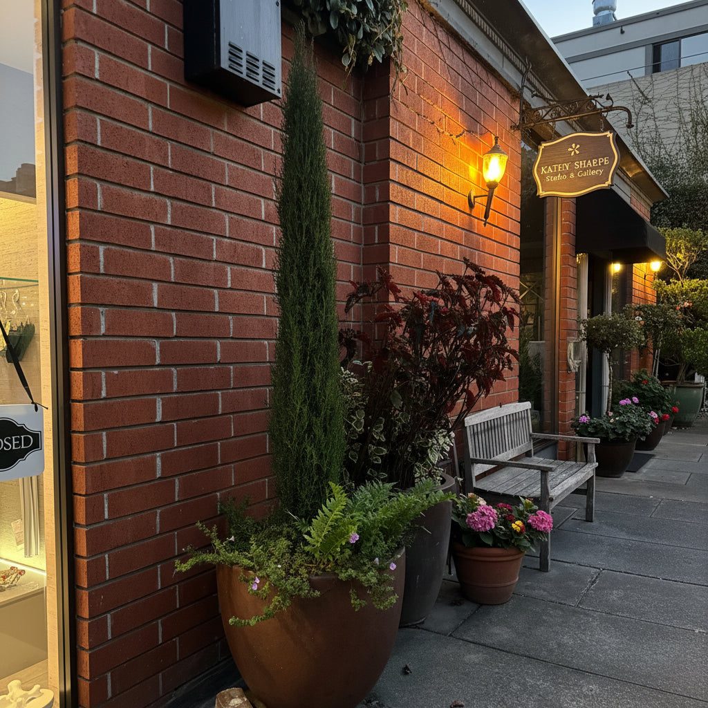 Taylor Juniper Tree, Eastern Red Cedar in brown deco pot in front of shop