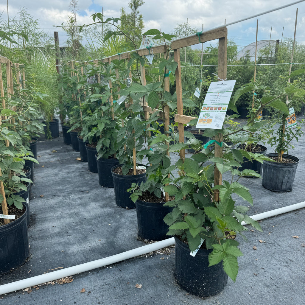 Thornless Blackberry Natchez, Fruit Tree, Rubus fruticosus in a 5gal pot in a trellis