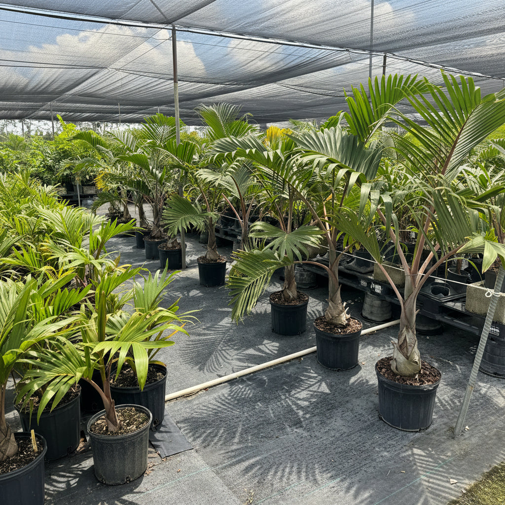 Bottle Palm, Hyophorbe lagenicaulis in a 7 gallon black grower pot, featuring its signature swollen, bottle-shaped trunk and arching feather-like green fronds, ideal for creating a unique tropical focal point in your indoor space or garden.