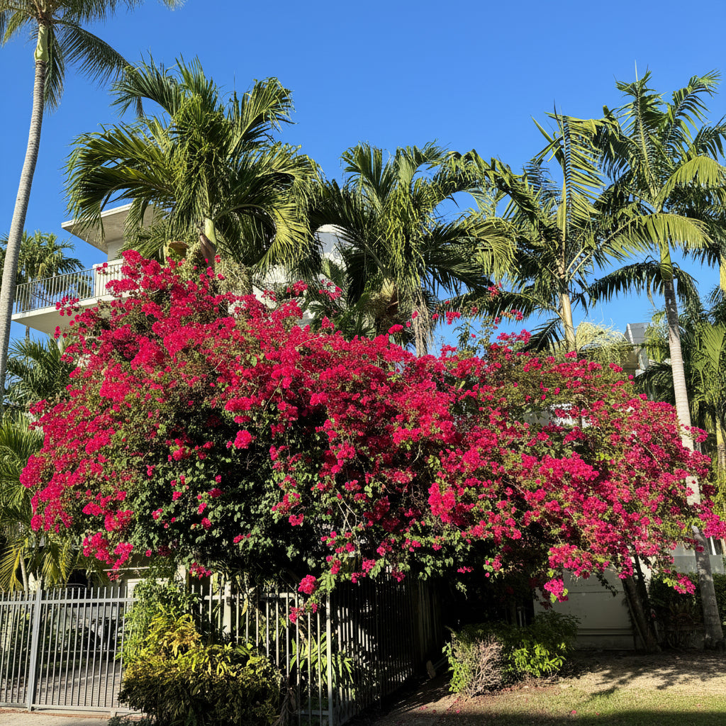 Mature Bougainvillea Red Flower Bush Form, Barbara Karst Flowering Tree with a massive canopy of vibrant red blooms sprawling over a fence next to a sidewalk, showing full grown landscape appearance ideal for vibrant property borders and outdoor landscapes.
