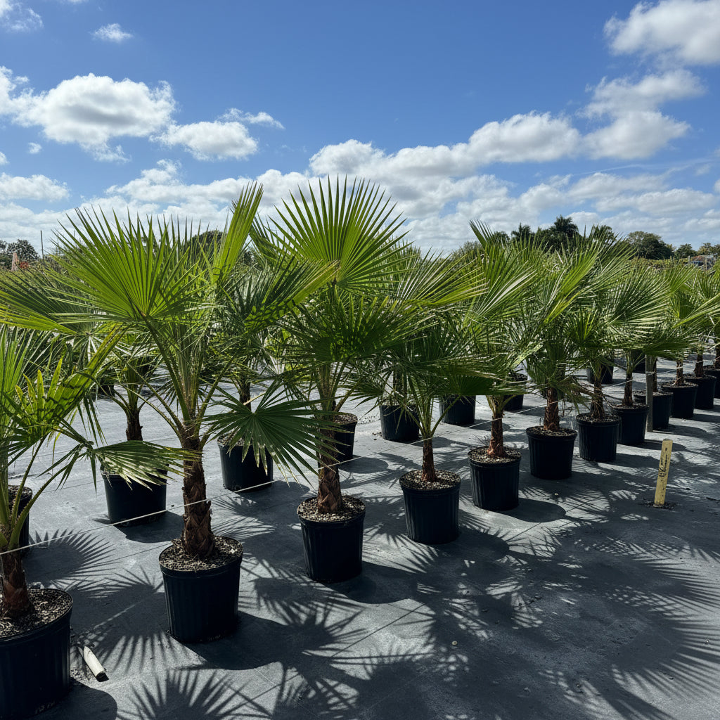 Washington Palm, Mexican Fan Palm Tree in a 5gal pot in a row