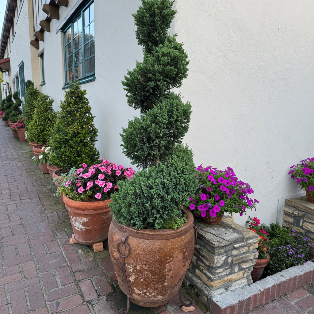 Topiary Spiral Blue Point Juniper, Juniperus Large Planted in Stone Pot in Sidewalk