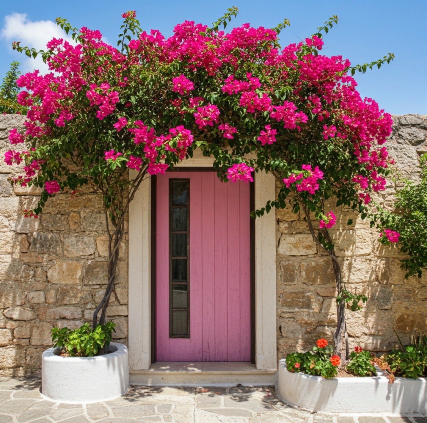 plant bougainvillea next to house Bougainvillea Red Flower in Trellis, Barbara Karst Red Flowering Tree