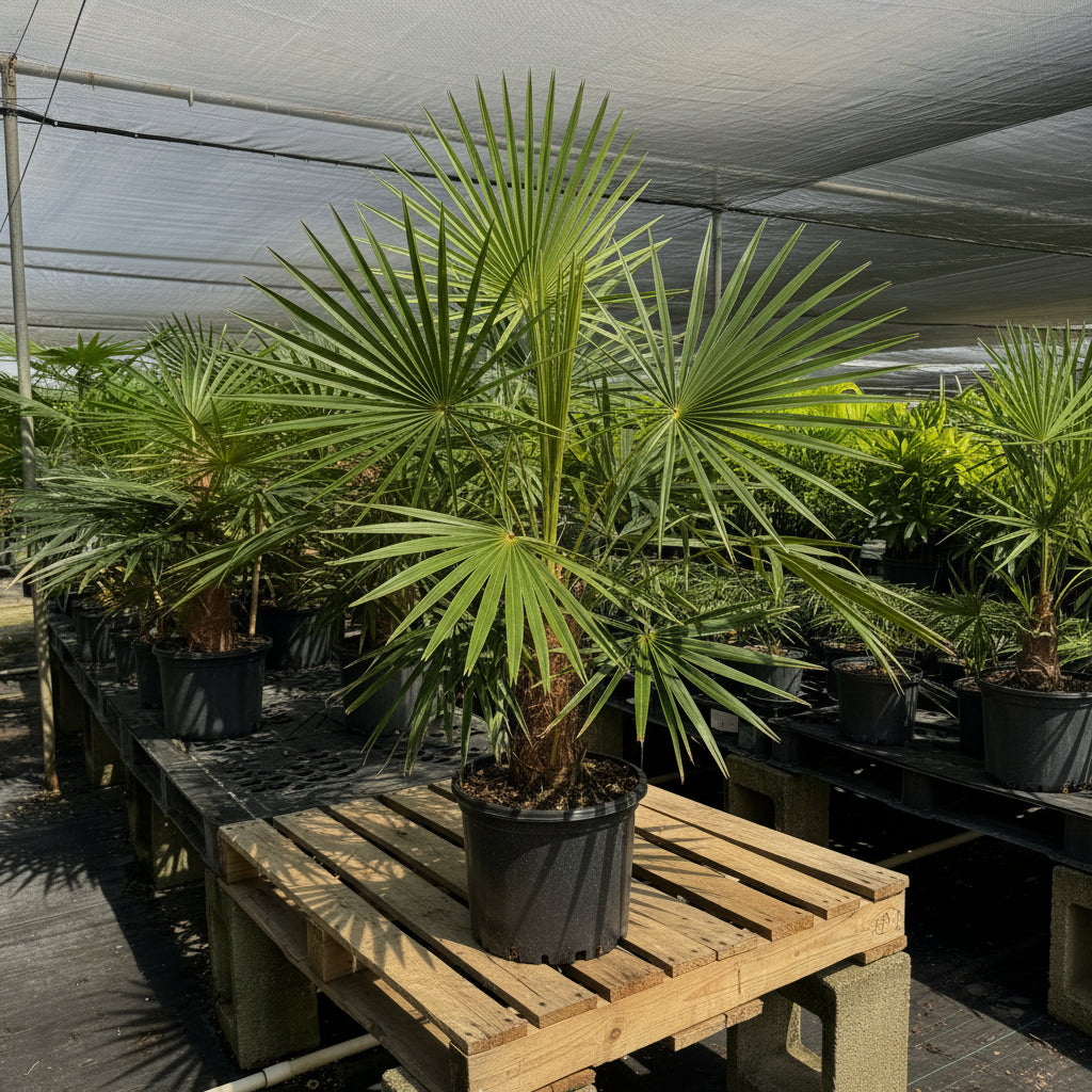 Old Man Palm, Coccothrinax Crinita, featuring its distinctive trunk covered in hair-like fibers and lush green fan-shaped fronds, potted in a 5 gallon black nursery