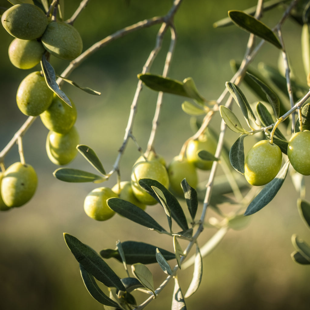 Green olives on an olive tree branch with a blurred green background