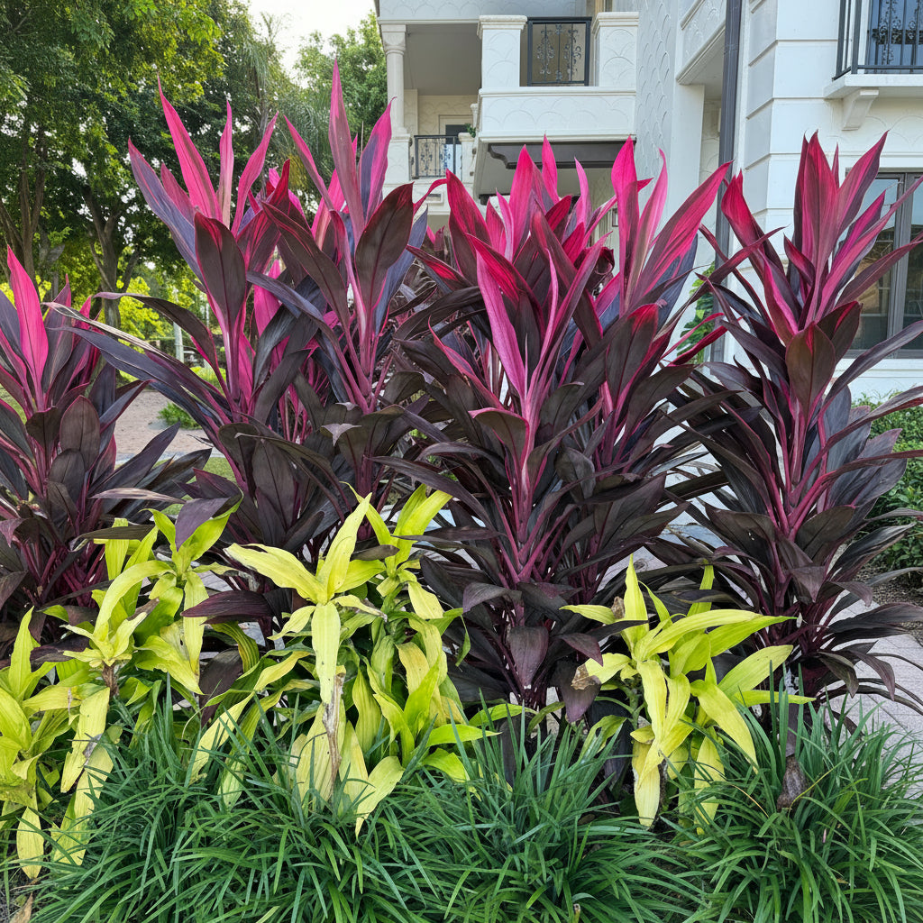 Cordyline Red Sister, Terminalis Ti Plants planted outside infront of building