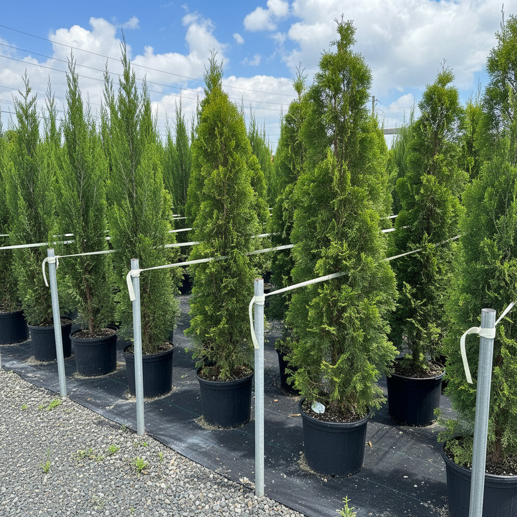 Brodie Red Cedar Tree, Fast Growing Evergreen Group of tall green trees against a clear blue sky