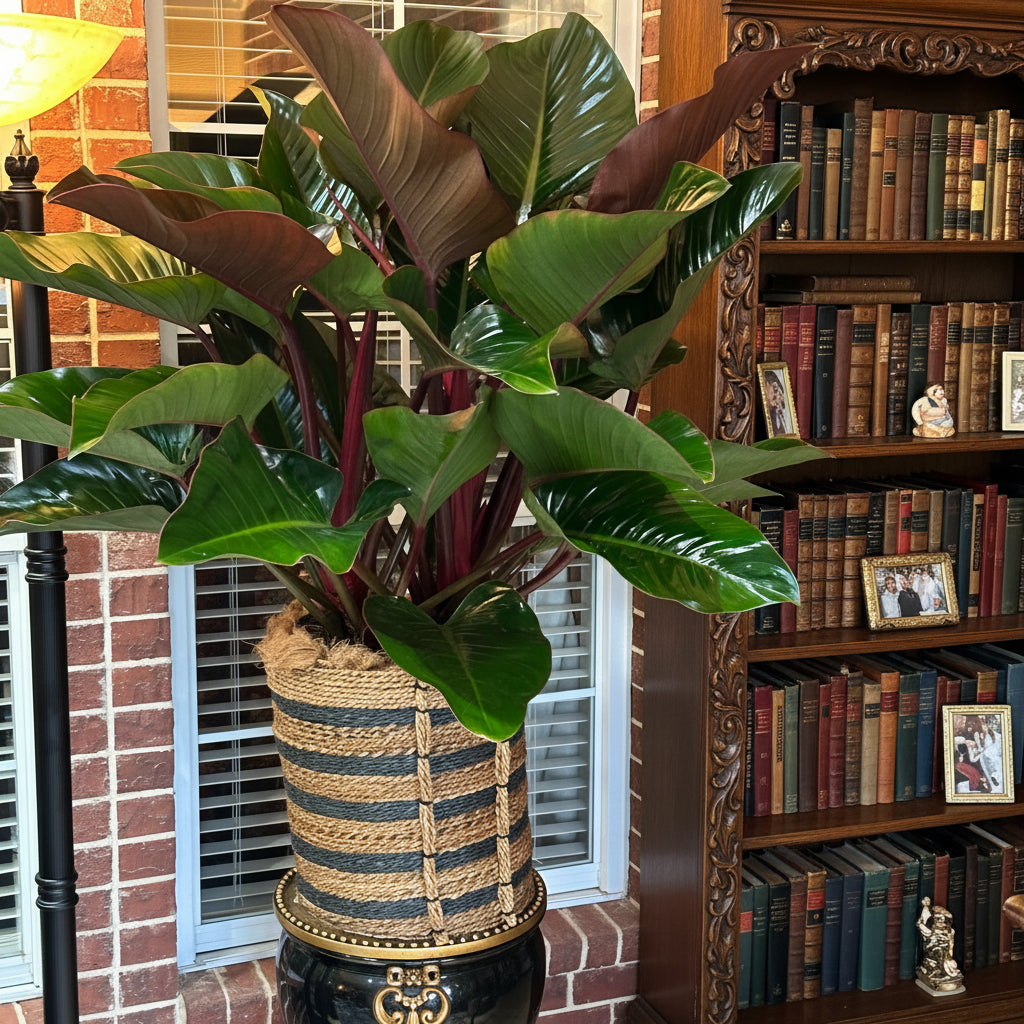 Philodendron Red Congo, Tropical Forest Plant in a decorative tall black and gold pot with striking dark green and reddish leaves