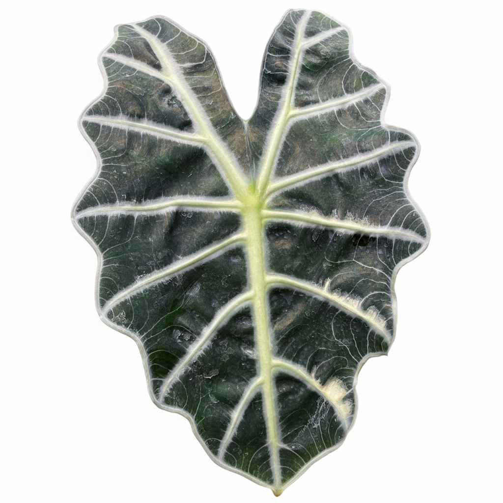 Alocasia Amazonica Polly, African Mask in a green plastic grower pot with dark green leathery leaves and prominent wavy white veins, ideal for bright indoor spaces and tropical home decor.