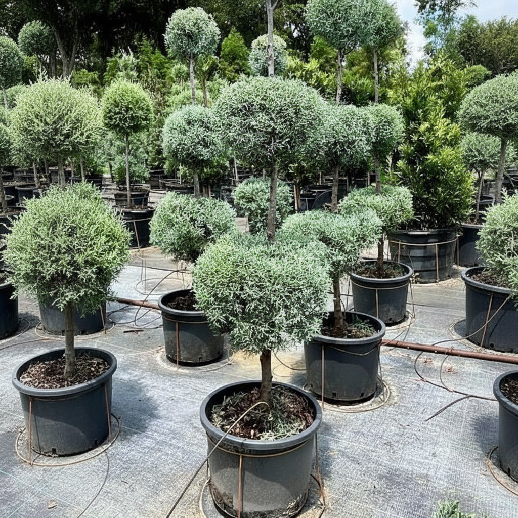 Large Topiary 3-Ball Carolina Sapphire tree form Row of potted topiary trees in a nursery setting 5gal container