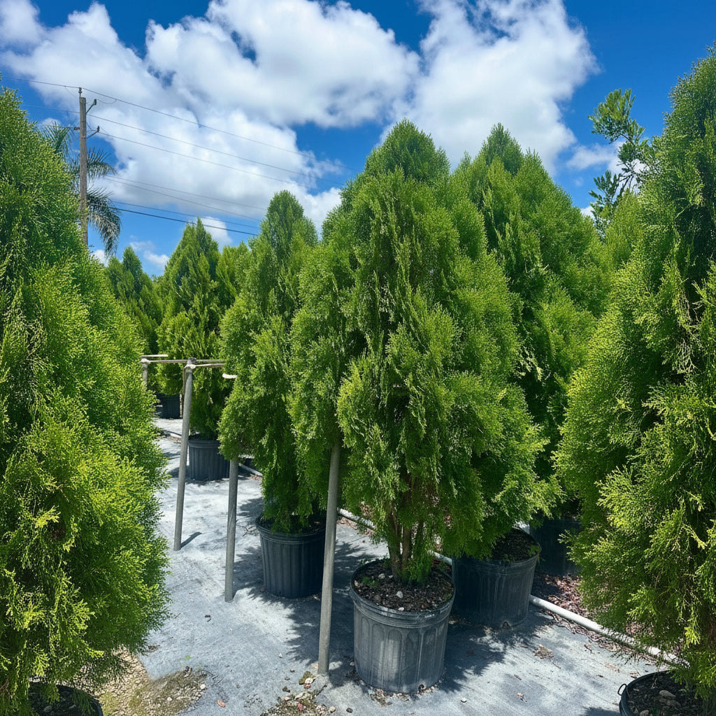 A row of Yellow Ribbon Arborvitae trees featuring tall, conical, bright green and yellow foliage in 7 gallon black nursery pots