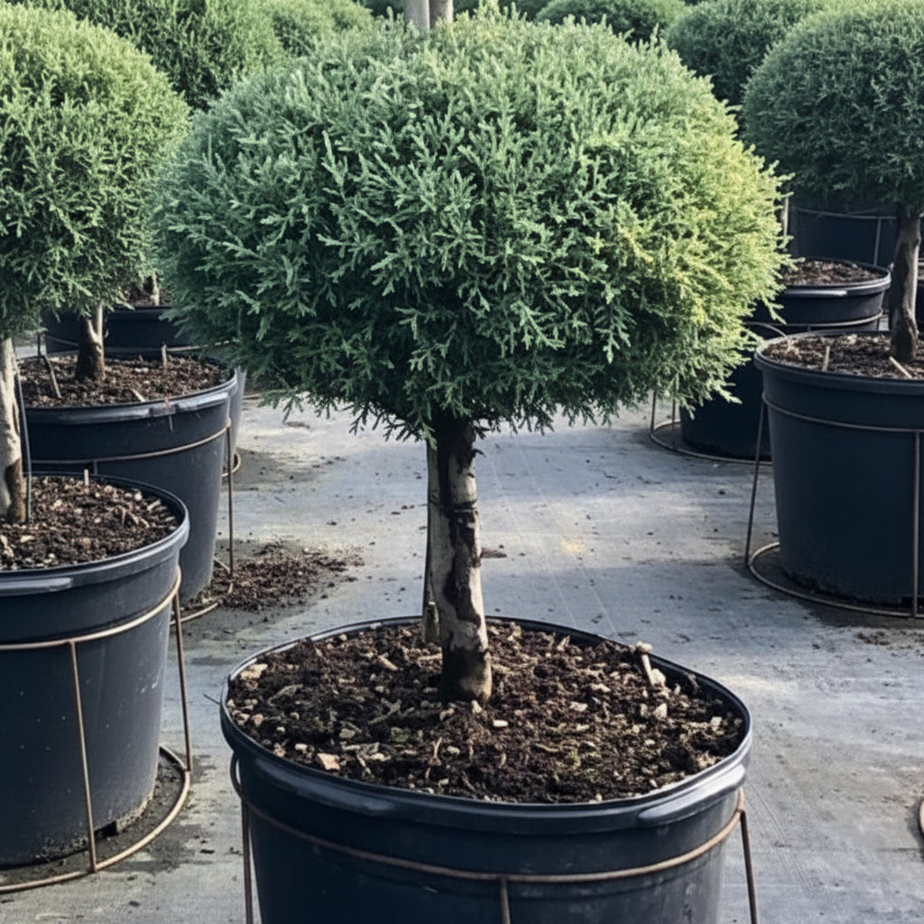Topiary 1-Ball Carolina Sapphire Tree Form Potted tree in a greenhouse setting nursery container 5gal