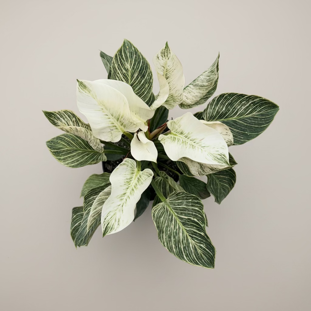 Philodendron Birkin, White Stripe Leaves in a 1 gallon grower pot with glossy, dark green leaves and striking white stripe variegation displayed from a top-down view on a concrete surface