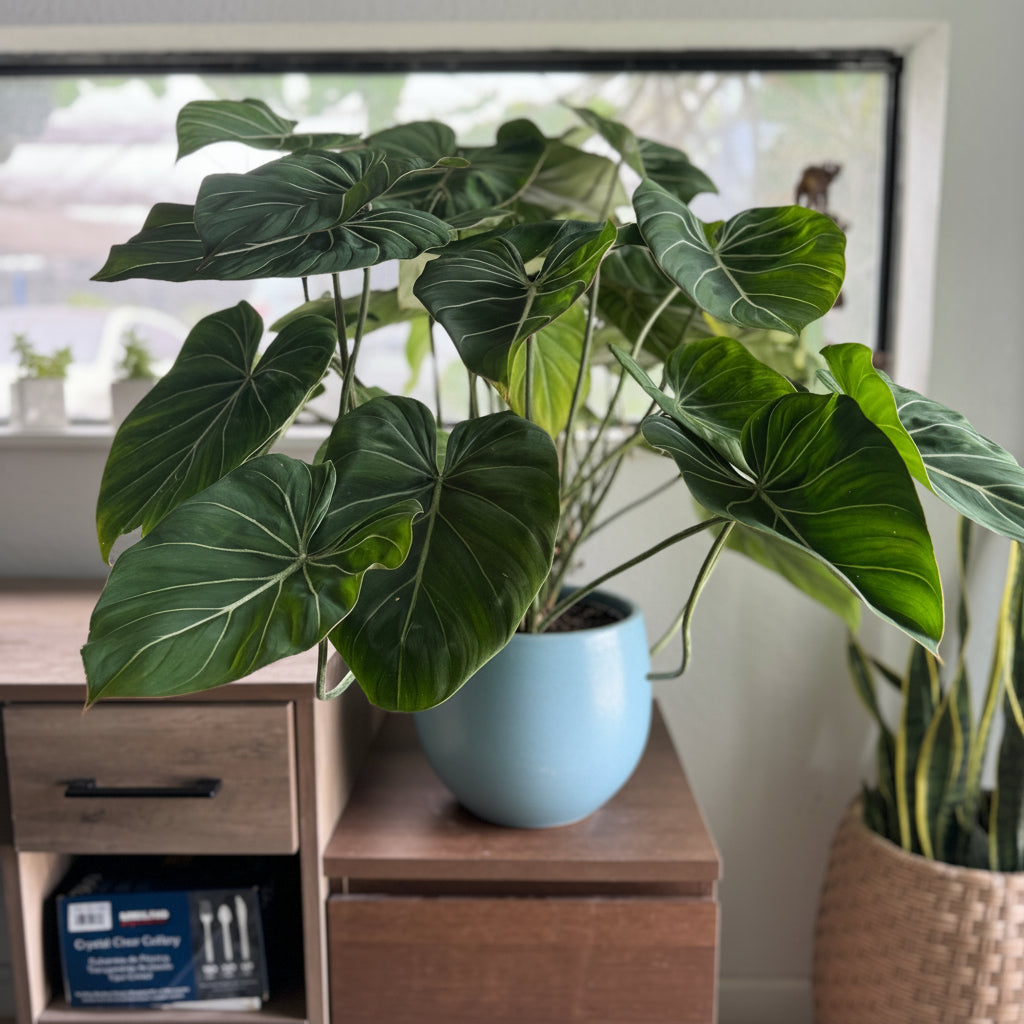 Philodendron Gloriosum with large leaves in a grey deco pot inside office.