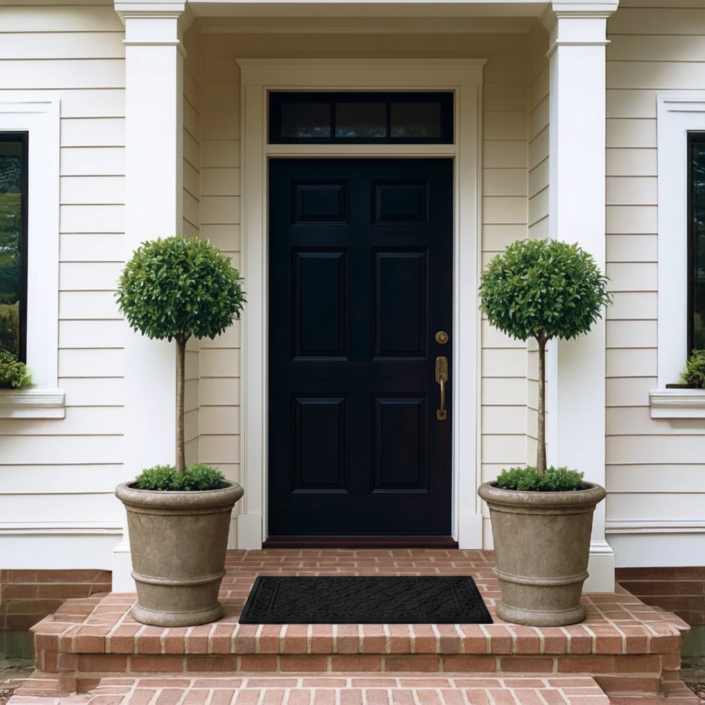 A front porch entryway with a dark navy door centered between white columns, flanked by two large beige planters holding trimmed topiary trees. A black doormat sits on the brick steps below.