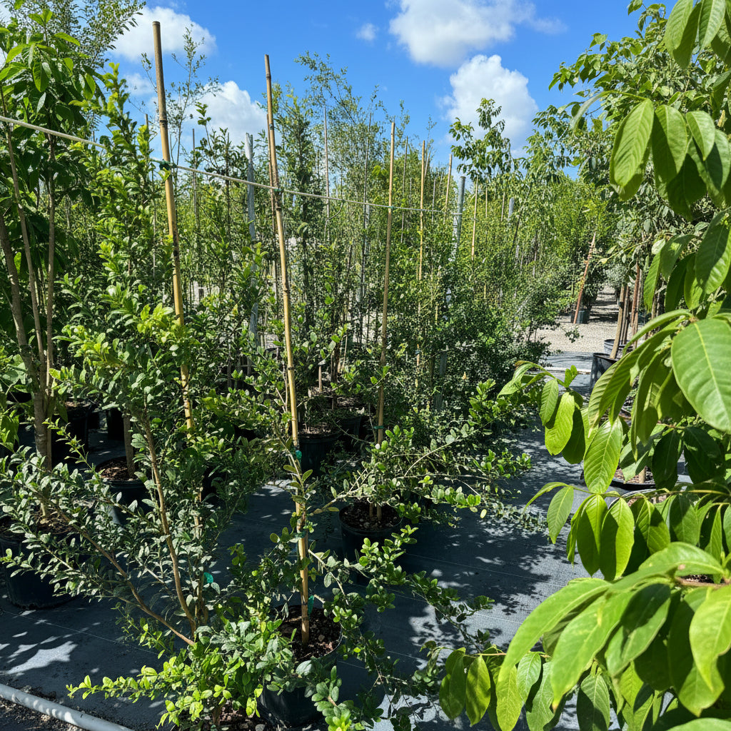 Simpson Stopper Group of young trees in pots with a blue sky background