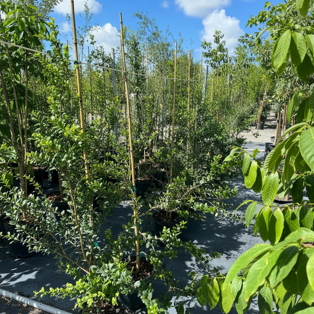 Simpson Stopper Group of young trees in pots with a blue sky background