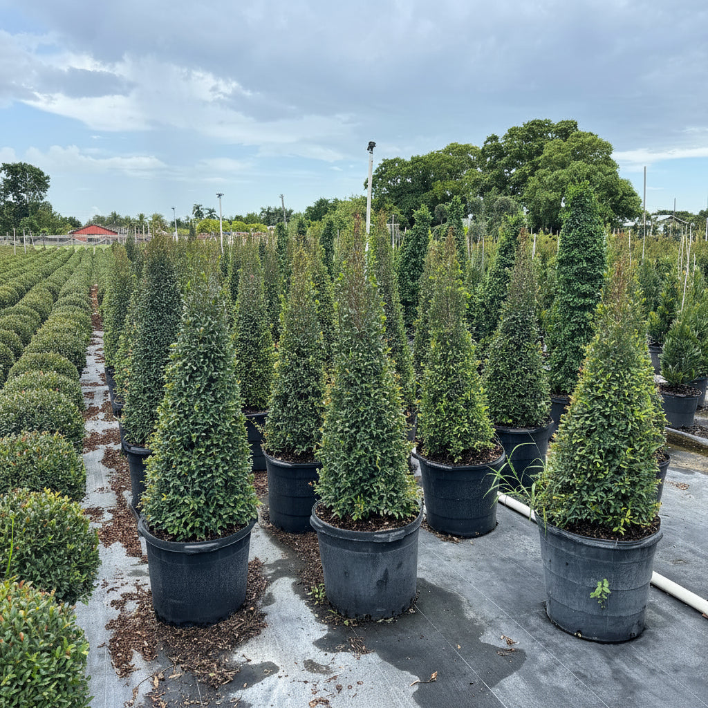 Rows of tall, cone-shaped potted eugenia topiary trees in black plastic pots, arranged in an outdoor nursery under a cloudy sky.
